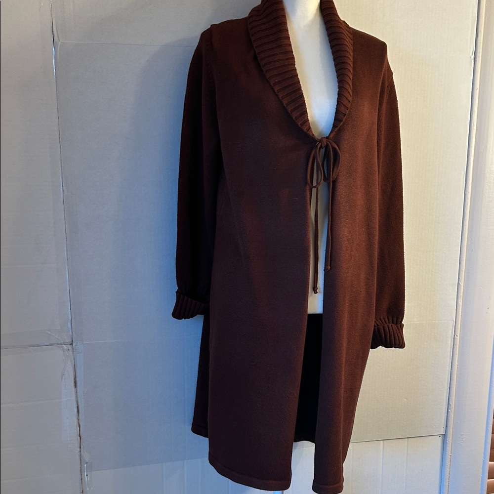 Anne Klein Open Front Longline Dark Brown Heavy L/S Cardigan Sweater. Sz XL